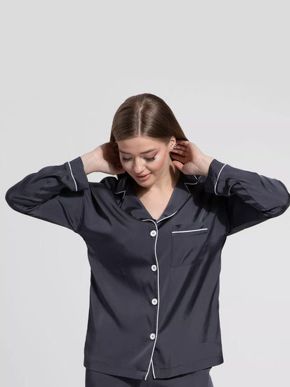 Notch Collar Satin Pajama Set - Charcoal