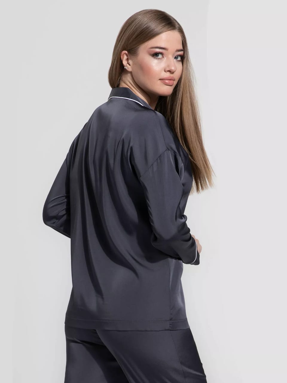 Notch Collar Satin Pajama Set - Charcoal