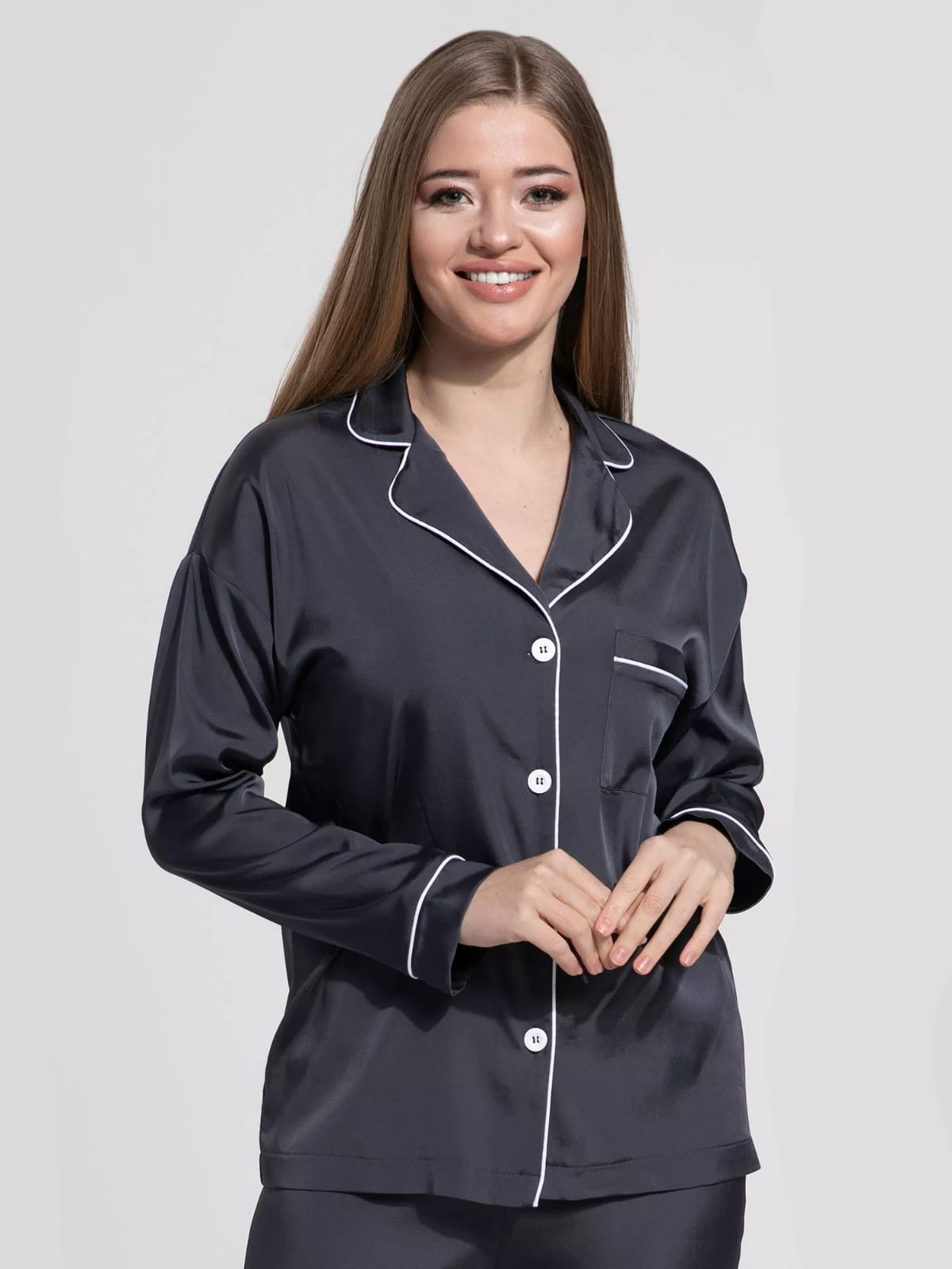 Notch Collar Satin Pajama Set - Charcoal