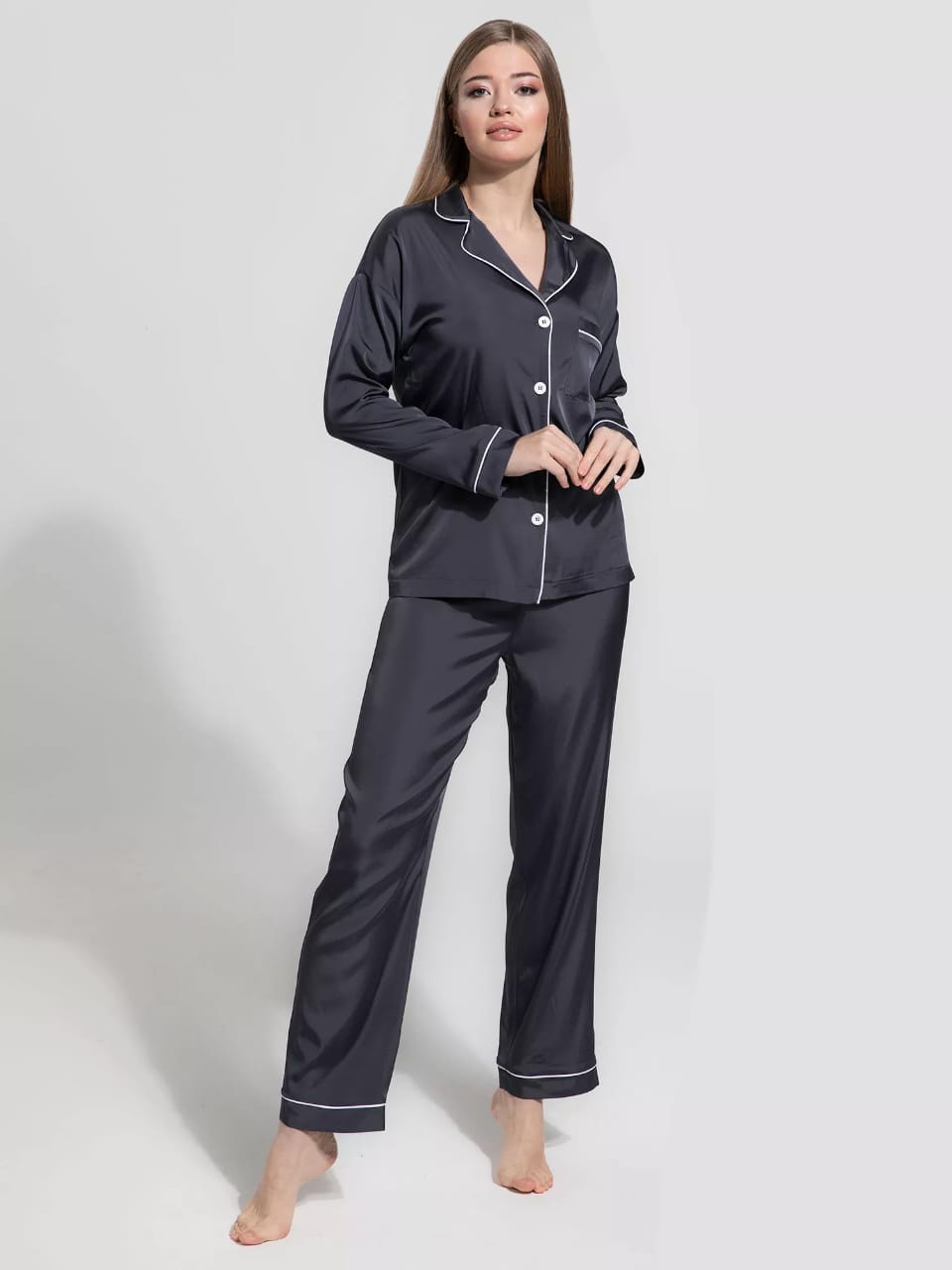 Notch Collar Satin Pajama Set - Charcoal