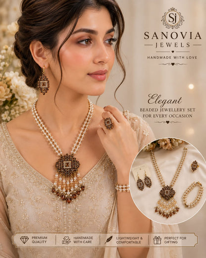 Kundan Pearl & Crystal Beads Necklace & Earrings Set | Champagne Kundan Pendant | Handmade by Sanovia Jewels