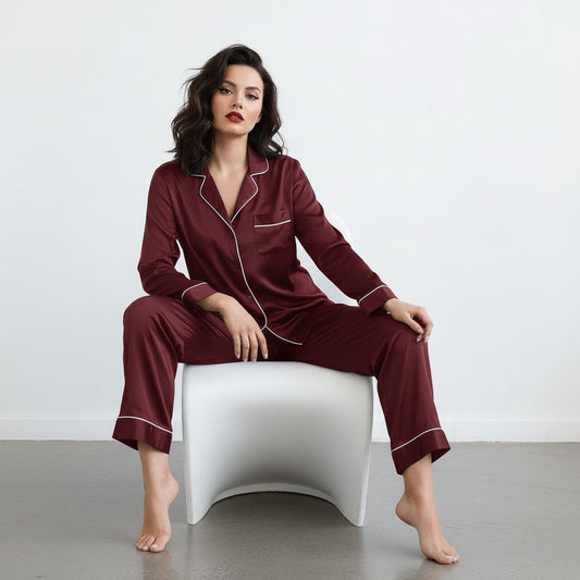 Notch Collar Satin Pajama Set - Maroon