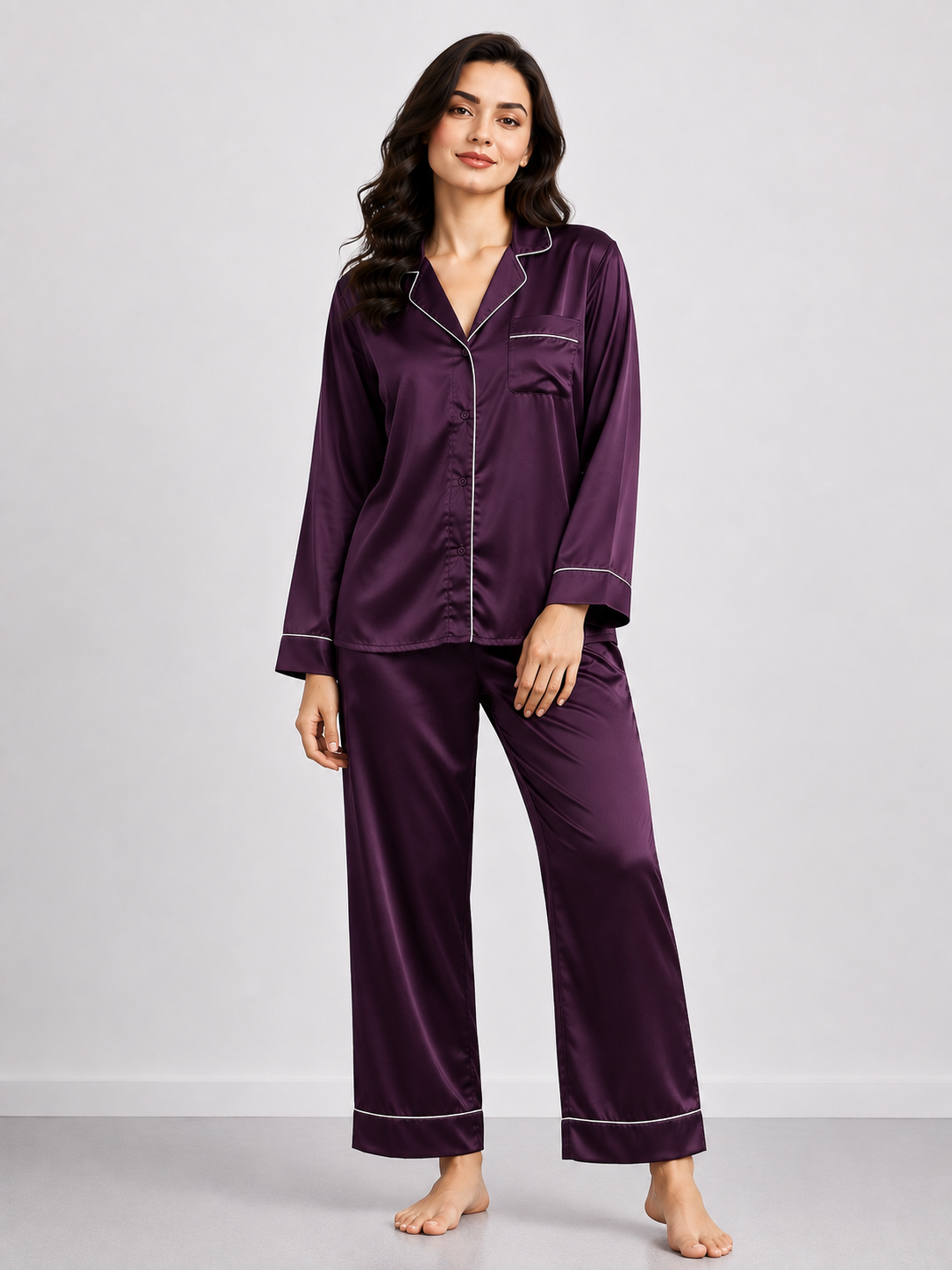 Notch Collar Satin Pajama Set - MidnightPurple