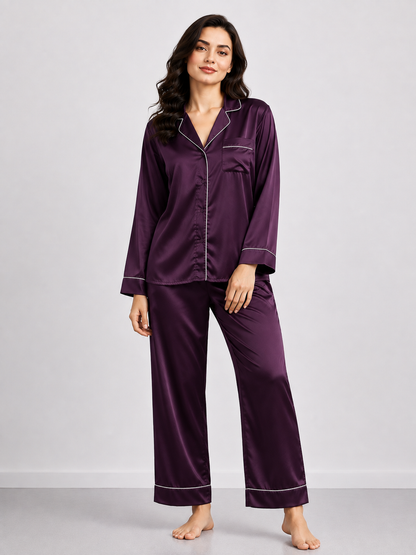 Notch Collar Satin Pajama Set - MidnightPurple