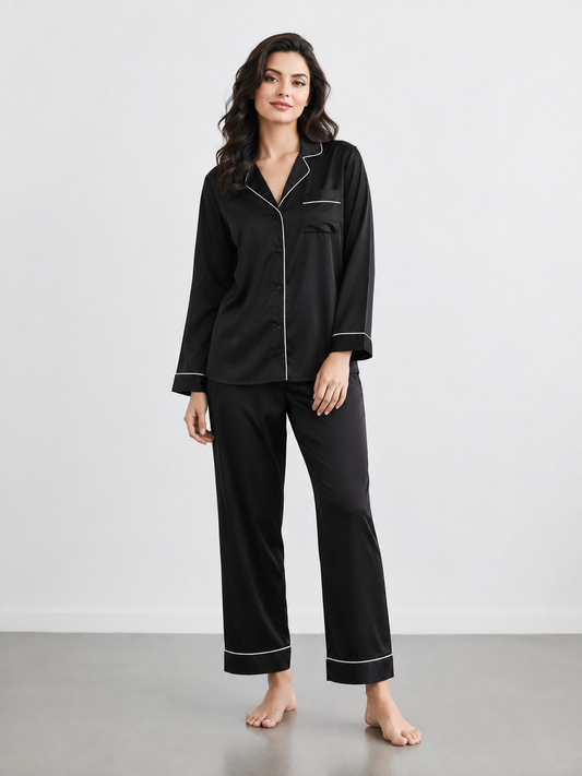 Notch Collar Satin Pajama Set - Black