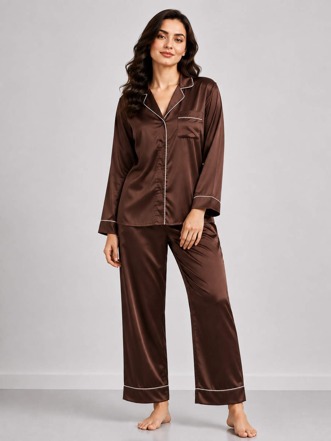 Notch Collar Satin Pajama Set - Purple