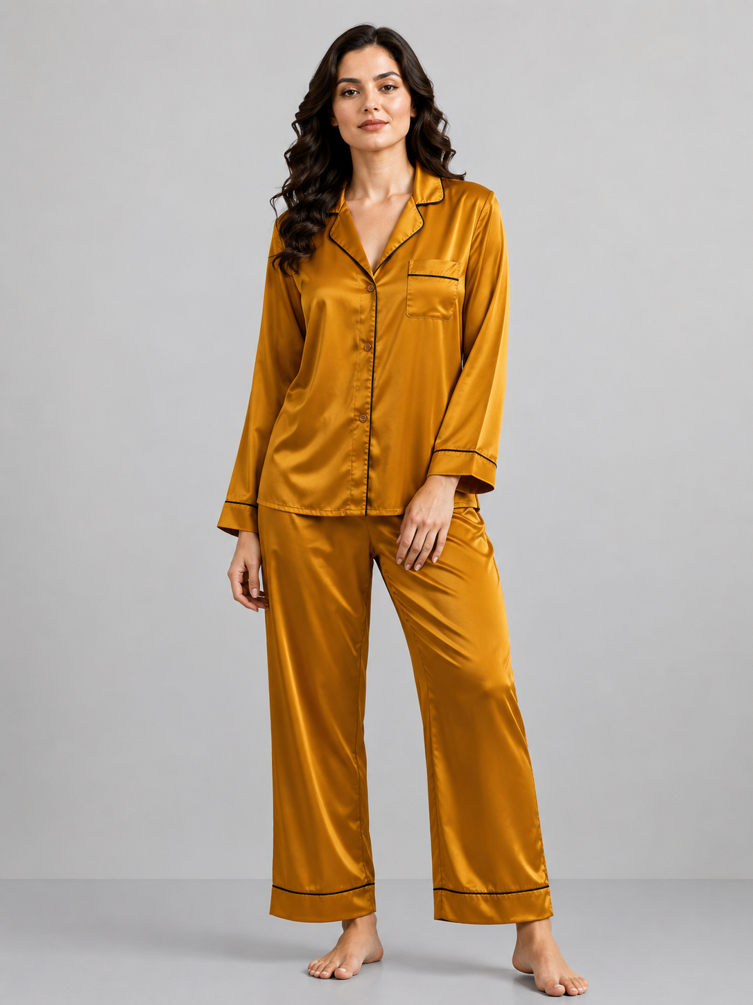 Notch Collar Satin Pajama Set - Camel