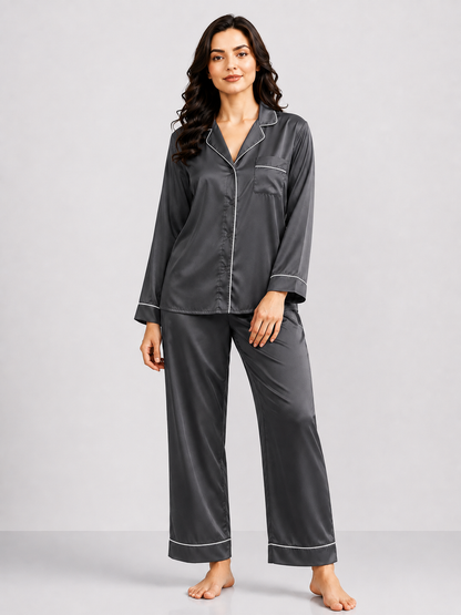 Notch Collar Satin Pajama Set - Charcoal