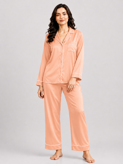 Notch Collar Satin Pajama Set - DustyRose
