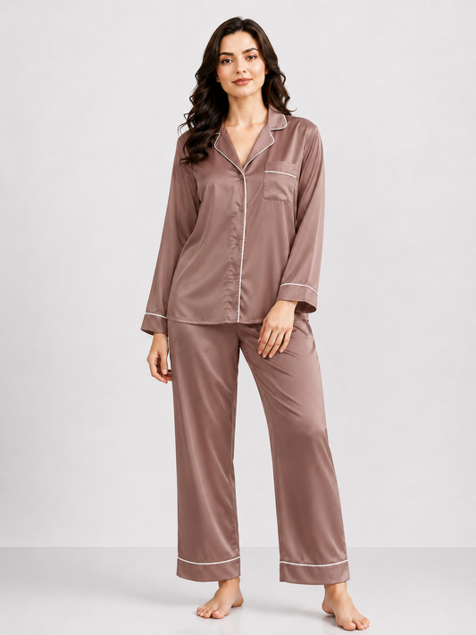 Notch Collar Satin Pajama Set - LightBrown