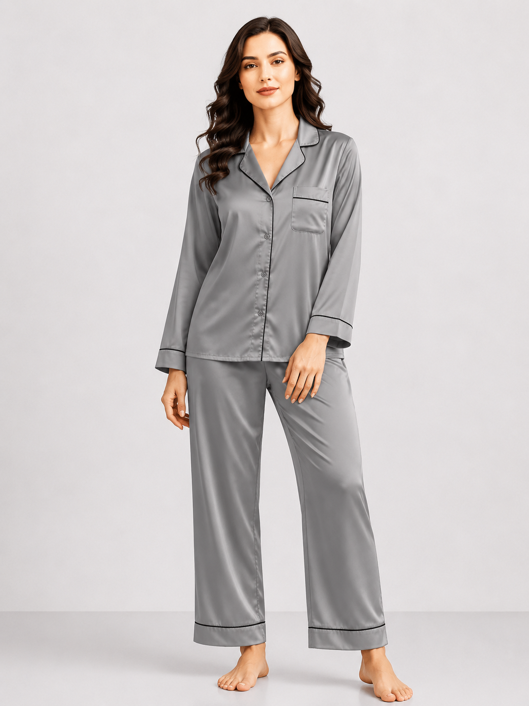 Notch Collar Satin Pajama Set - Grey
