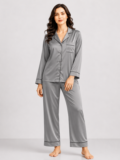 Notch Collar Satin Pajama Set - Grey