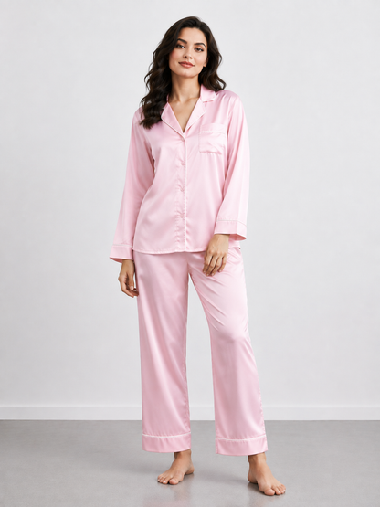 Notch Collar Satin Pajama Set - LightPink