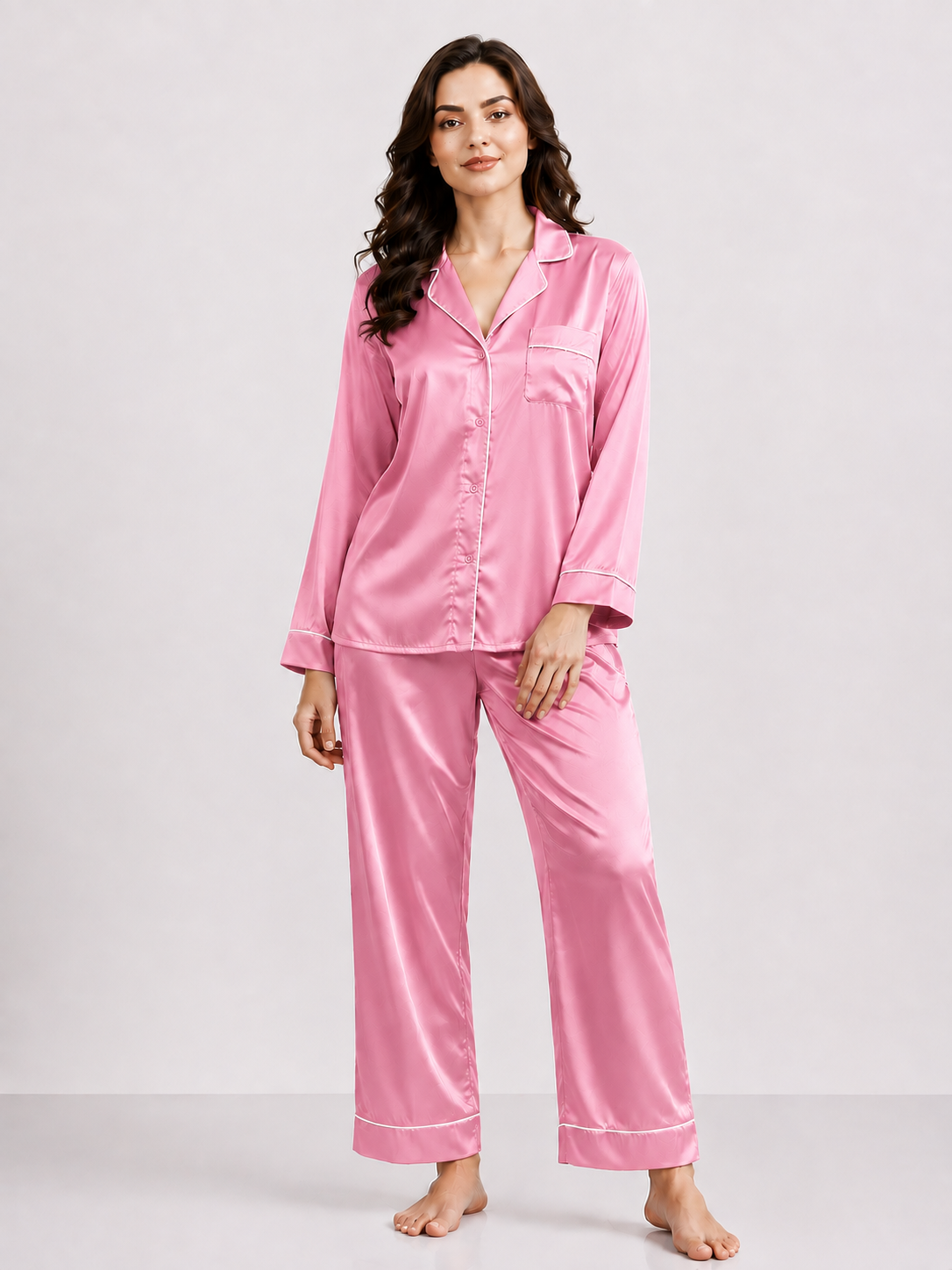 Notch Collar Satin Pajama Set - LightPink