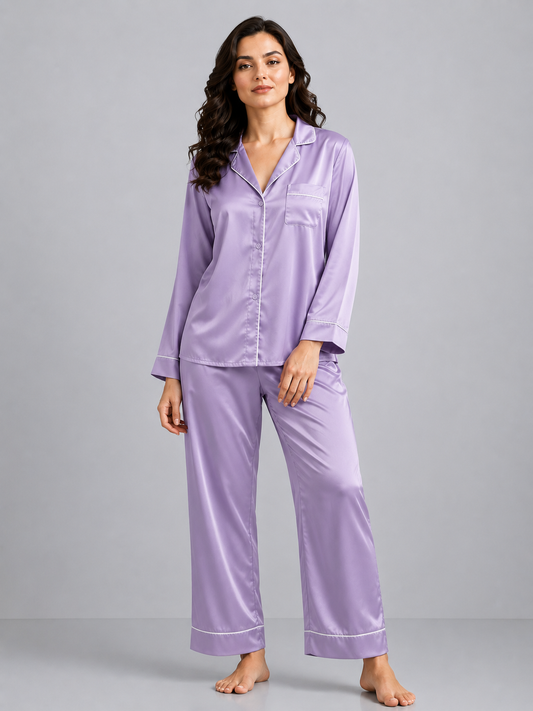 Notch Collar Satin Pajama Set - Laviender