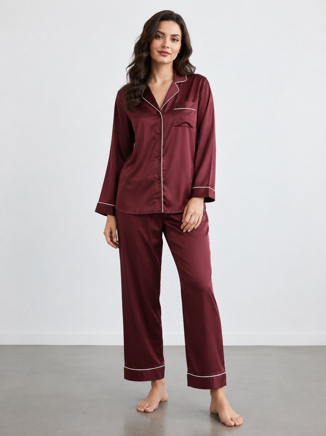 Notch Collar Satin Pajama Set - Maroon