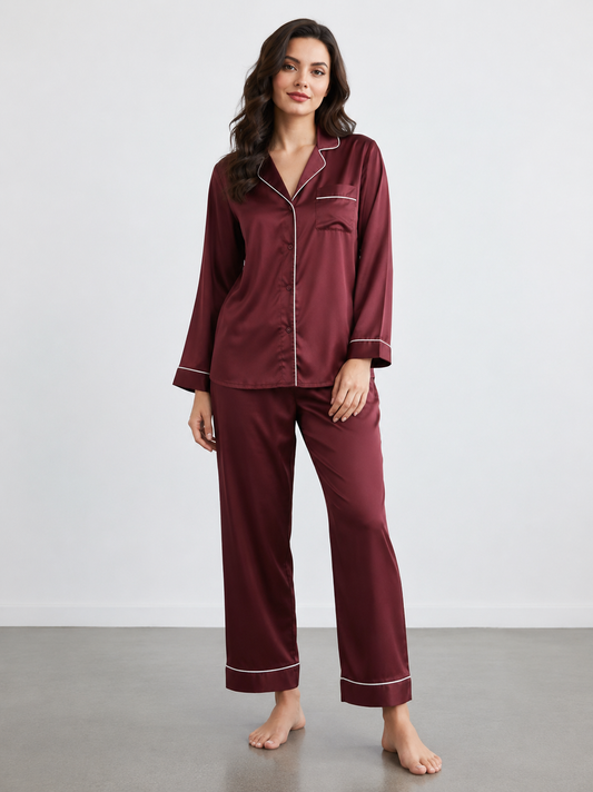 Notch Collar Satin Pajama Set - Maroon
