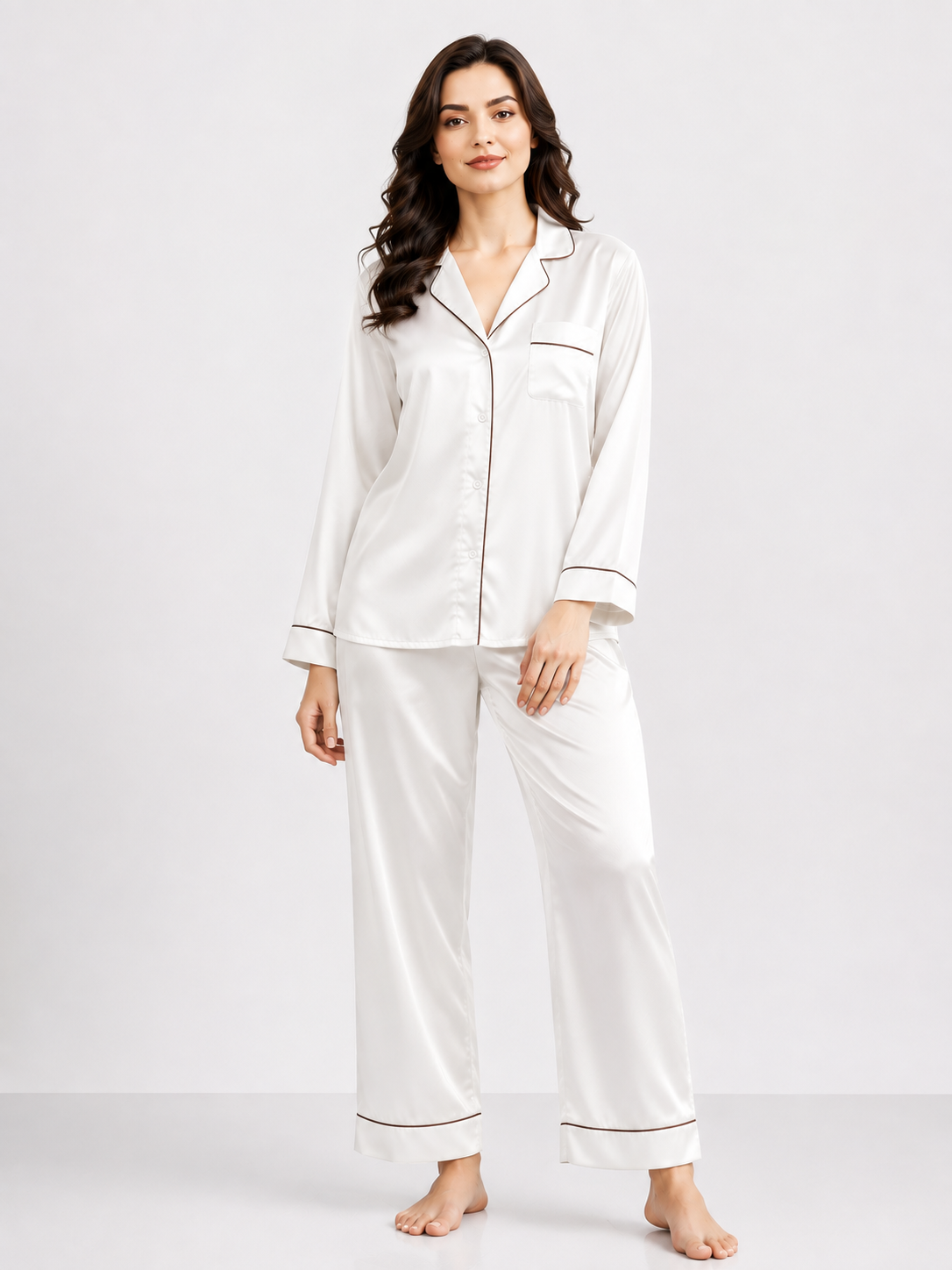 Notch Collar Satin Pajama Set - White