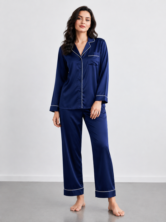 Notch Collar Satin Pajama Set - NavyBlue