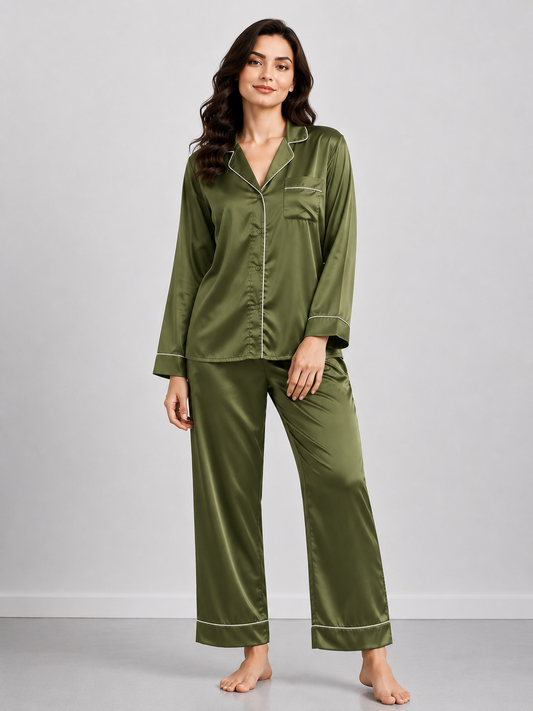 Notch Collar Satin Pajama Set - OLIVE