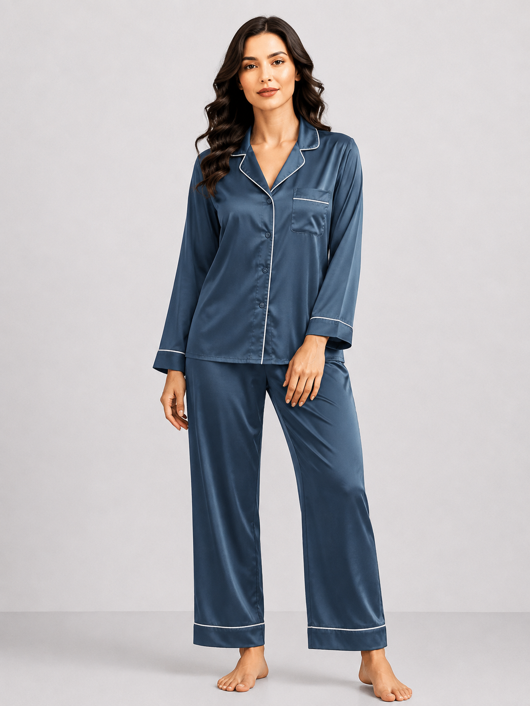 Notch Collar Satin Pajama Set - NavyBlue