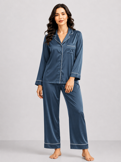 Notch Collar Satin Pajama Set - NavyBlue