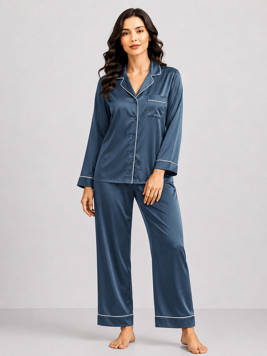 Notch Collar Satin Pajama Set - NavyBlue