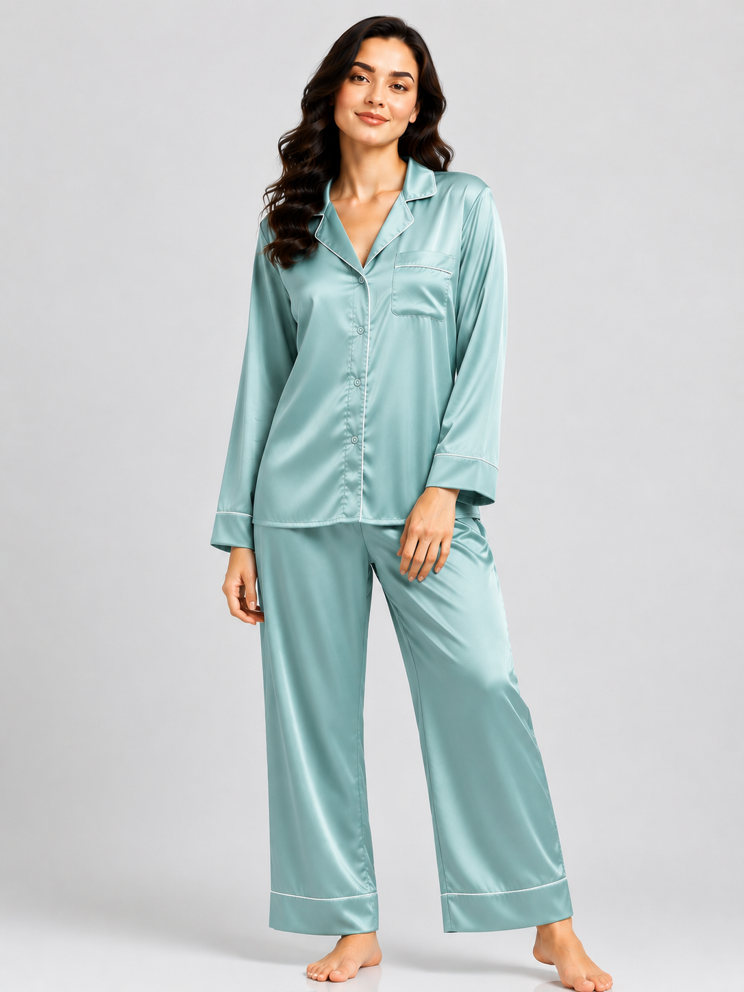 Notch Collar Satin Pajama Set - SeaFoanGreen