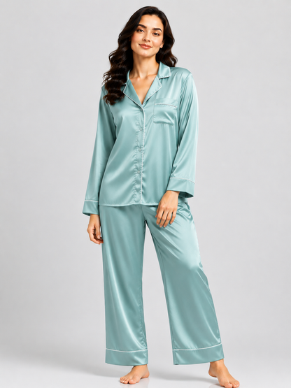 Notch Collar Satin Pajama Set - SeaFoanGreen