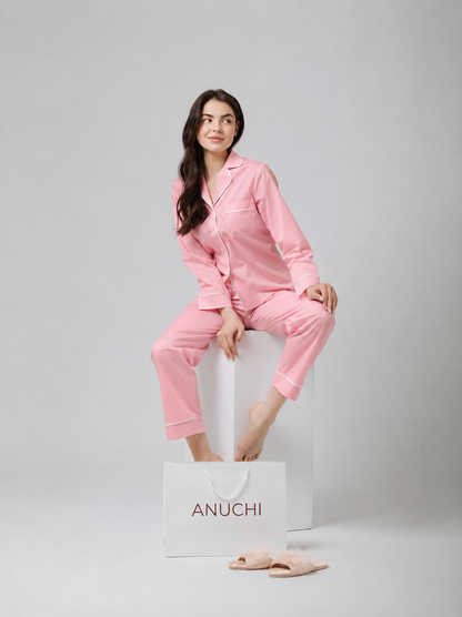 Notch Collar Satin Pajama Set - LightPink