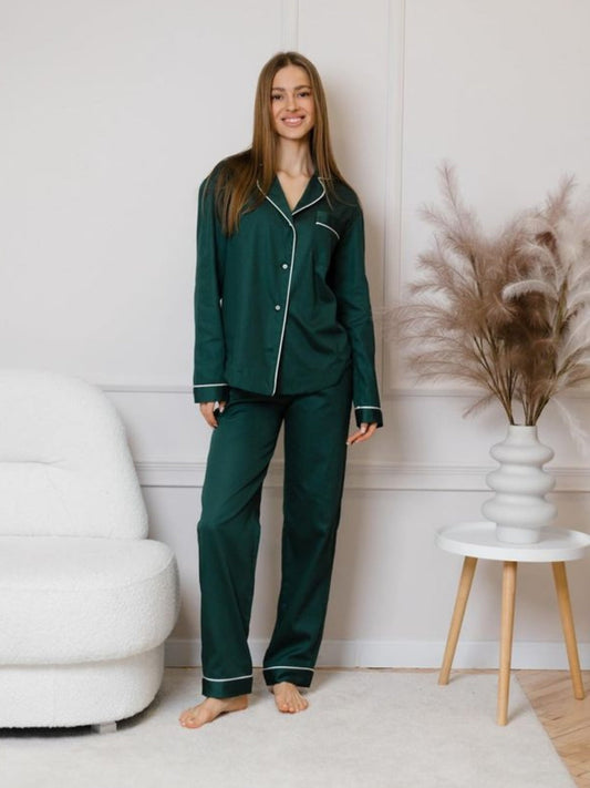 Notch Collar Satin Pajama Set - EverGreen