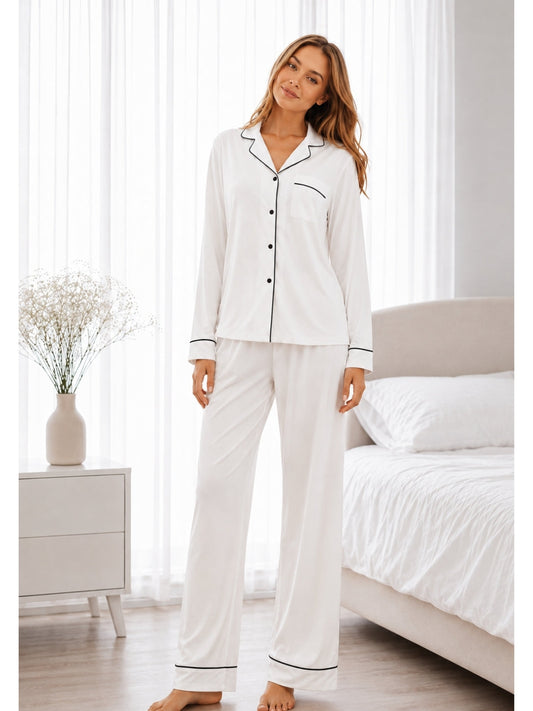 Notch Collar Satin Pajama Set - White