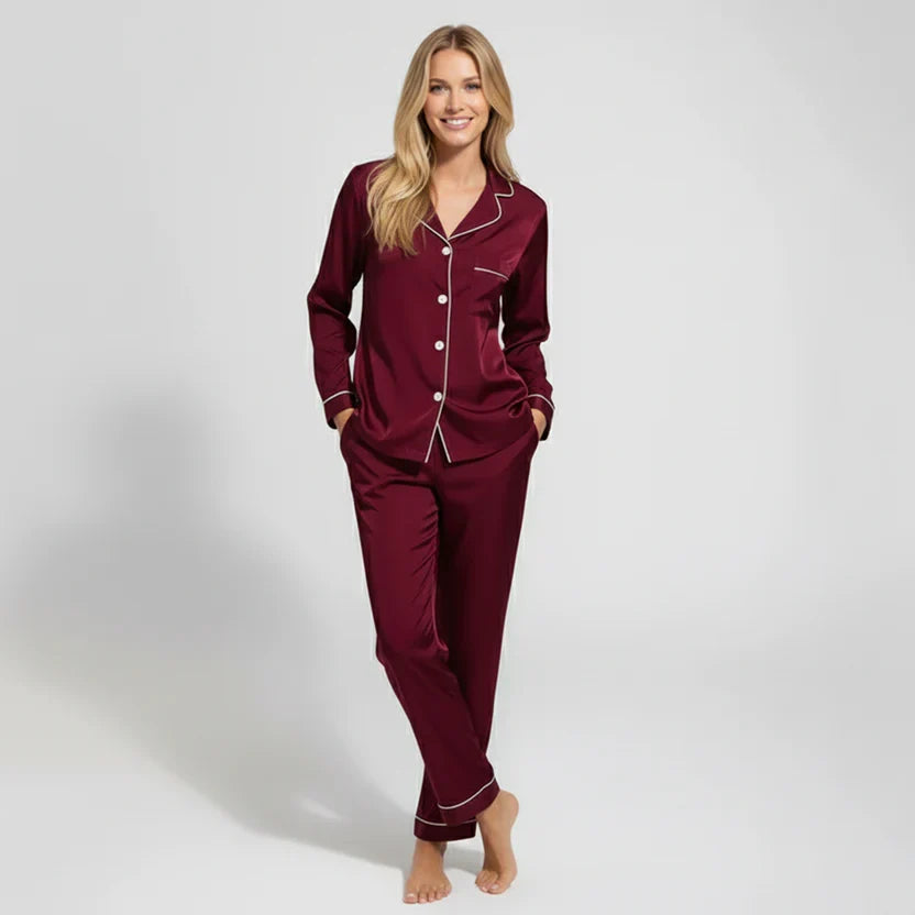Notch Collar Satin Pajama Set - Maroon
