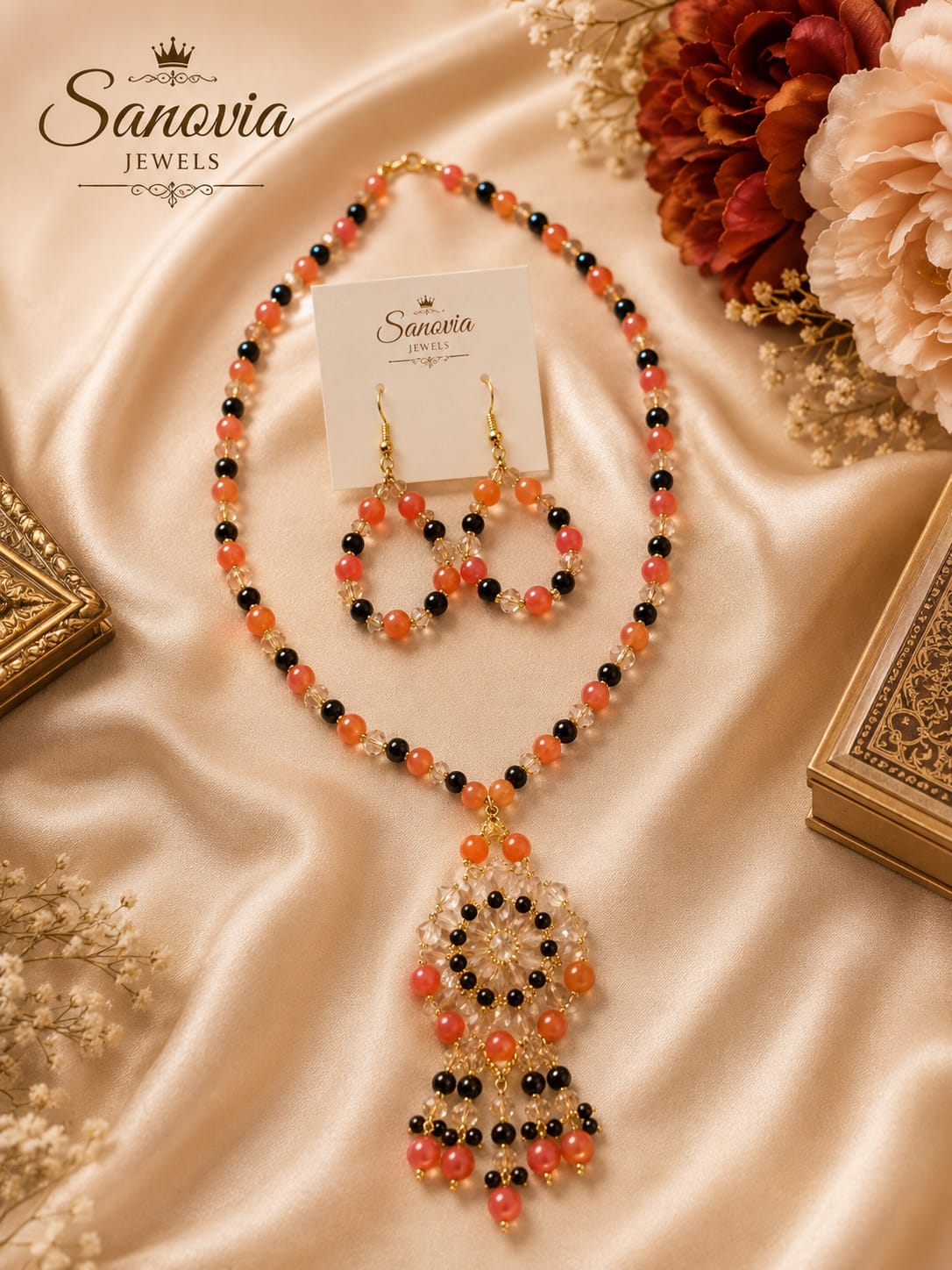 Triple Color Beaded Necklace & Earrings Set | Handmade Jewelry by Sanovia Jewels