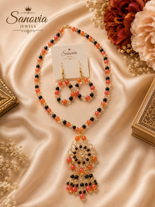 Triple Color Beaded Necklace & Earrings Set | Handmade Jewelry by Sanovia Jewels