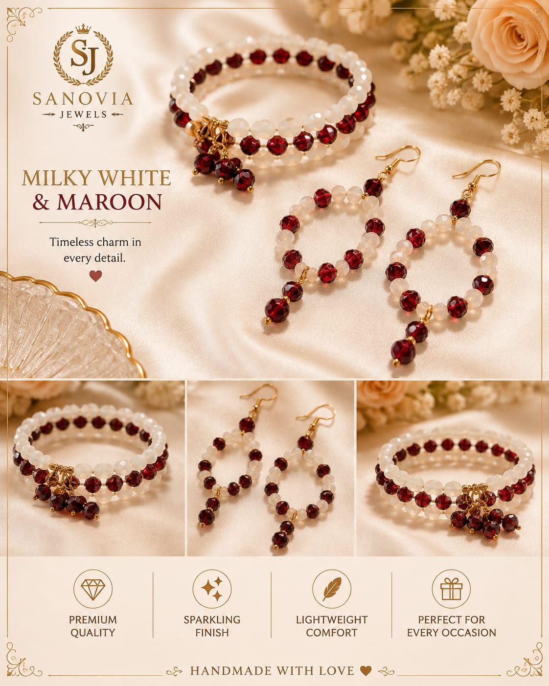 Handcrafted Crystal Beads Bangle & Earrings Set – Festive Jewelry for Women | Sanovia Collections