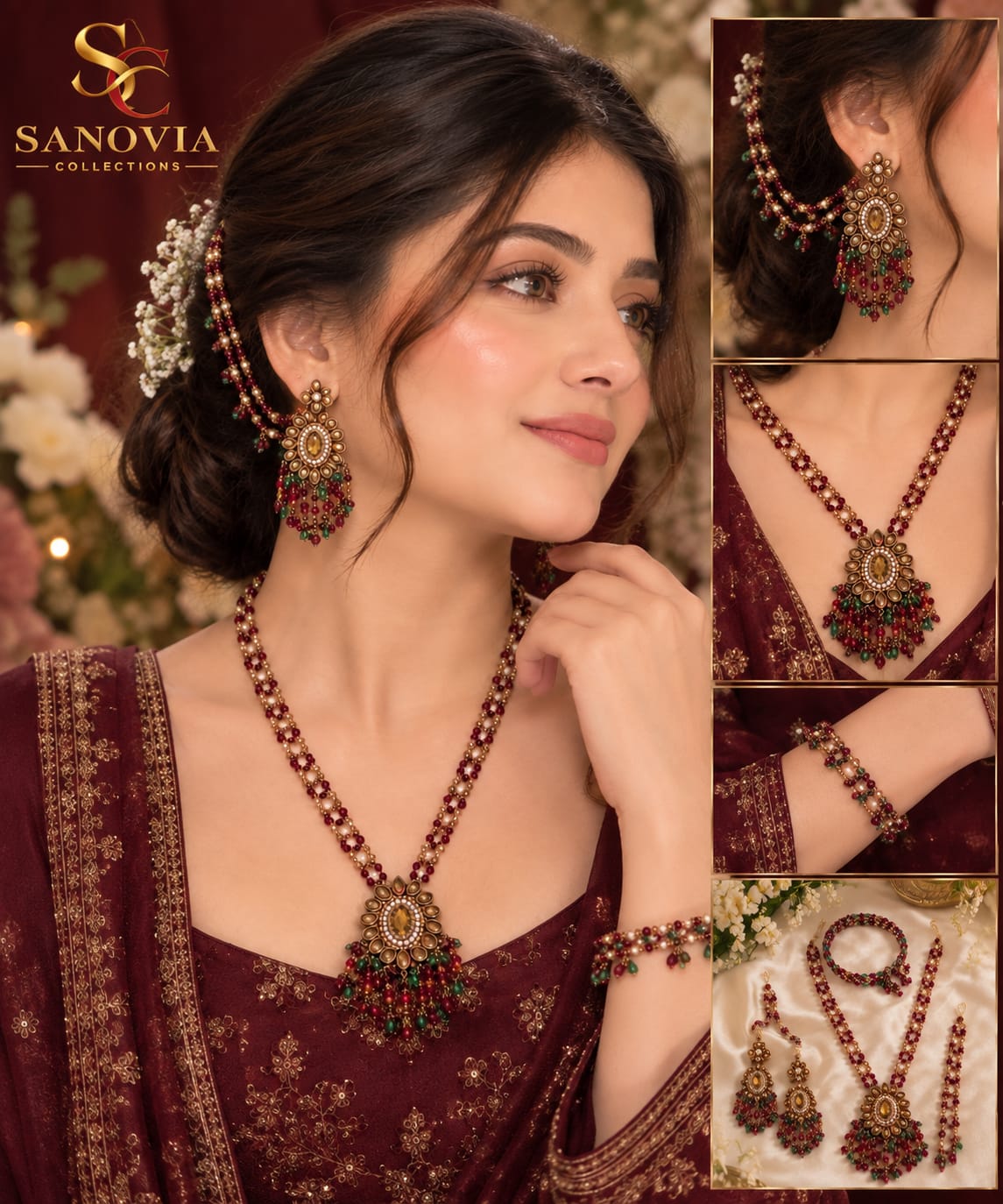 Maroon & Emerald Kundan Beaded Jewelry Set