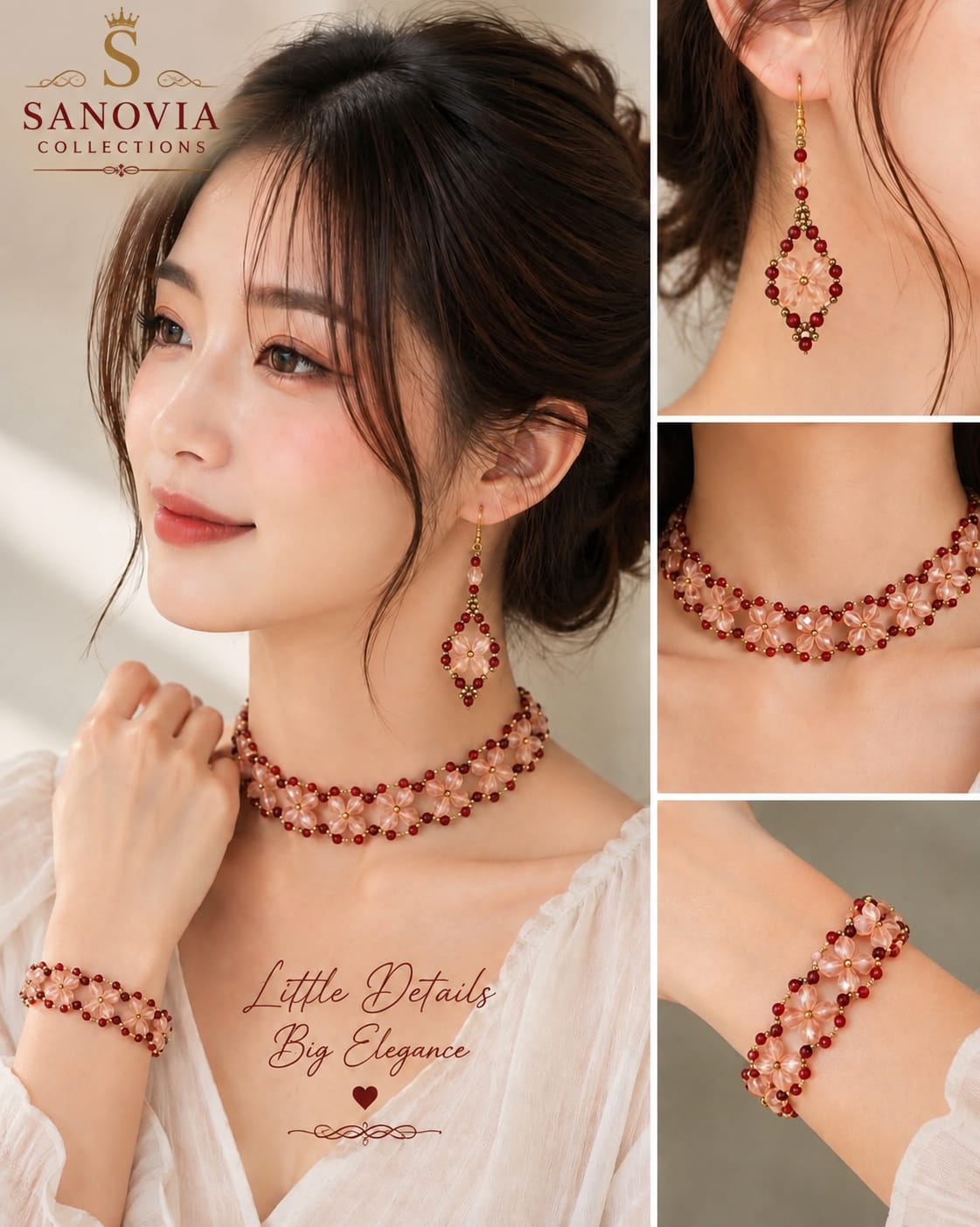 Peach & Maroon Korean Style Beaded Choker Jewellery Set