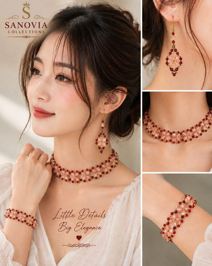 Peach & Maroon Korean Style Beaded Choker Jewellery Set