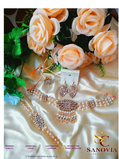 Pearl & Kundan Choker Set with Matching Earrings & Bracelet | Sanovia Collections