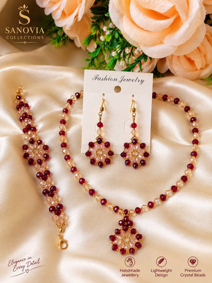 Maroon & Gold Crystal Jewellery Set with Bracelet