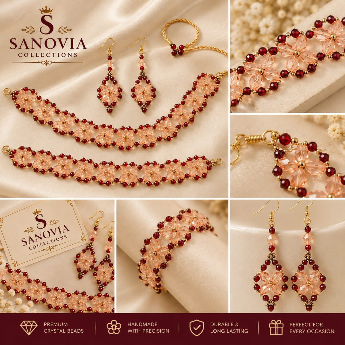 Peach & Maroon Korean Style Beaded Choker Jewellery Set