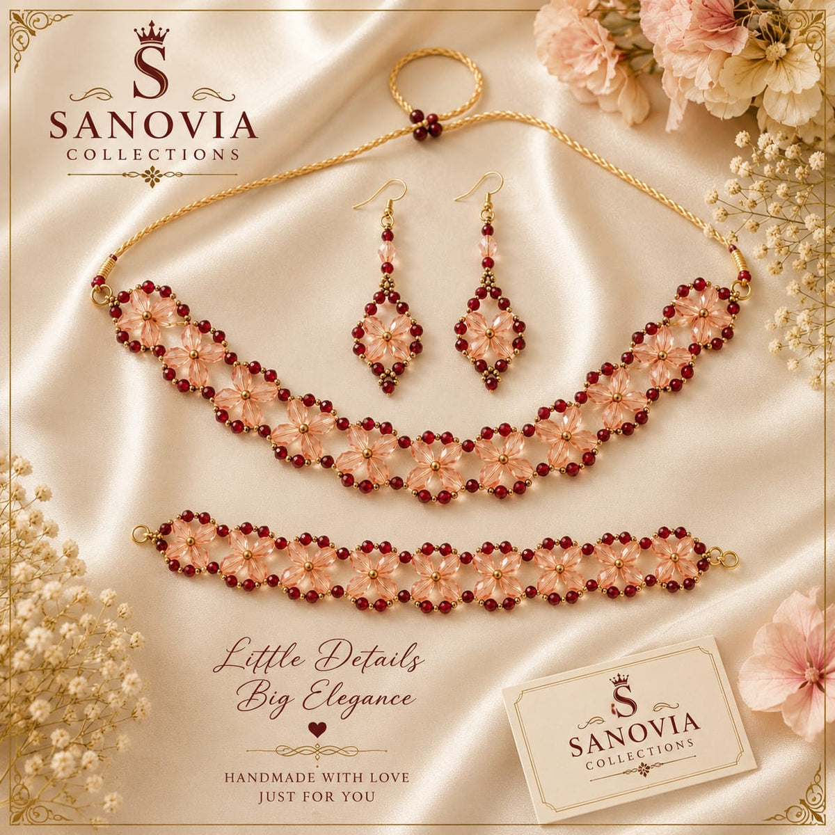 Peach & Maroon Korean Style Beaded Choker Jewellery Set