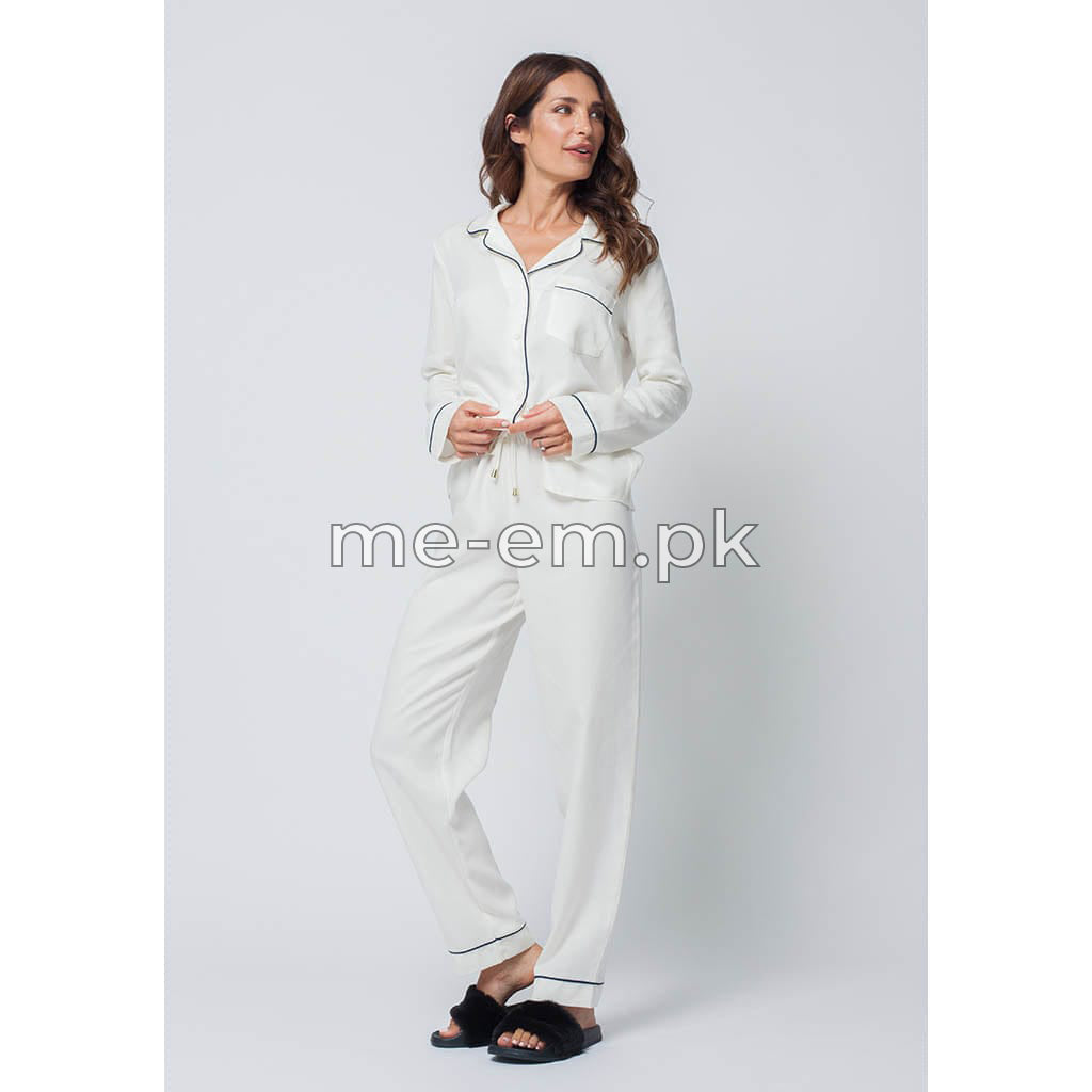 Notch Collar Satin Pajama Set - White