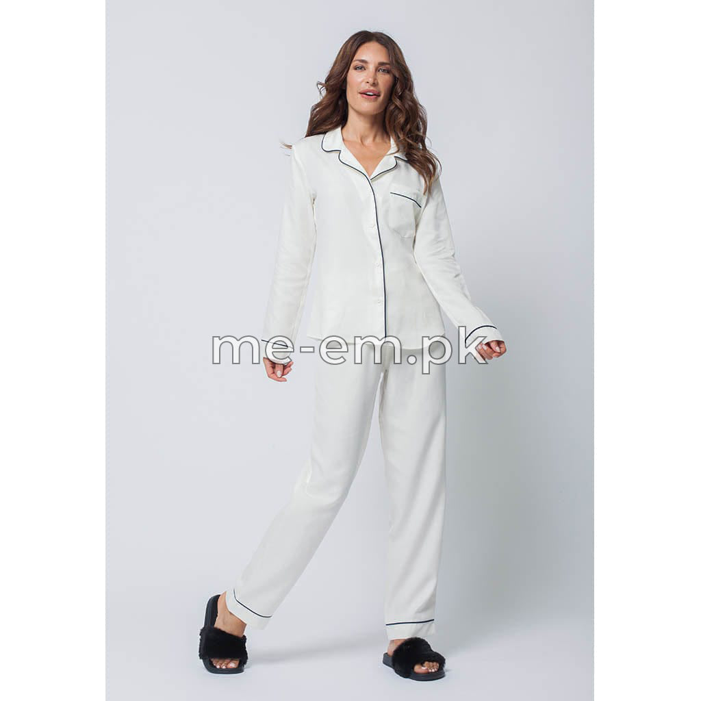 Notch Collar Satin Pajama Set - White