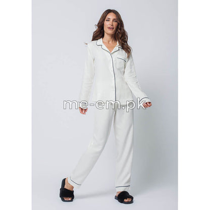 Notch Collar Satin Pajama Set - White