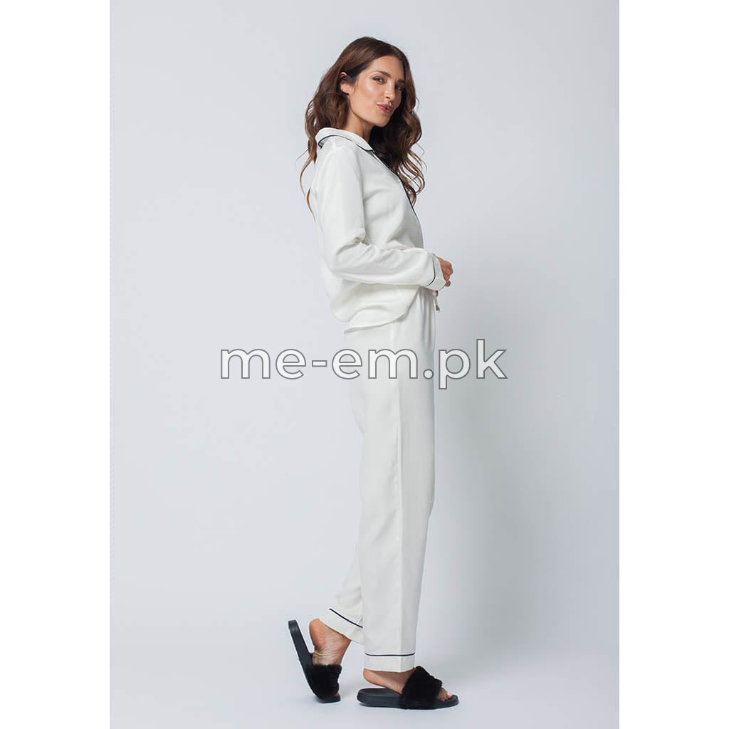 Notch Collar Satin Pajama Set - White