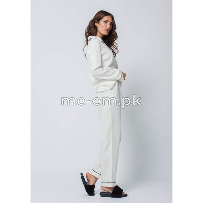 Notch Collar Satin Pajama Set - White