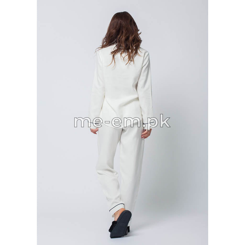 Notch Collar Satin Pajama Set - White