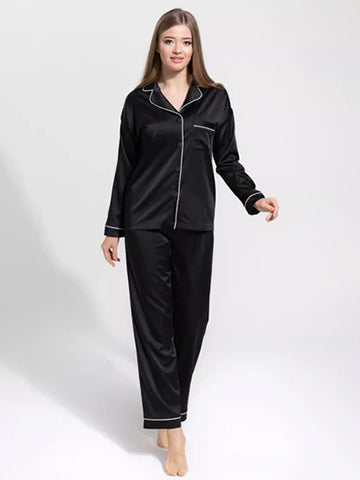 Notch Collar Satin Pajama Set - Black